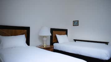 Una habitación de hotel con dos camas individuales, una mesita de noche con lámpara y un pequeño cuadro en la pared.