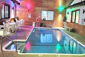Indoor pool, open 9:00 AM to 10:00 PM, sun loungers