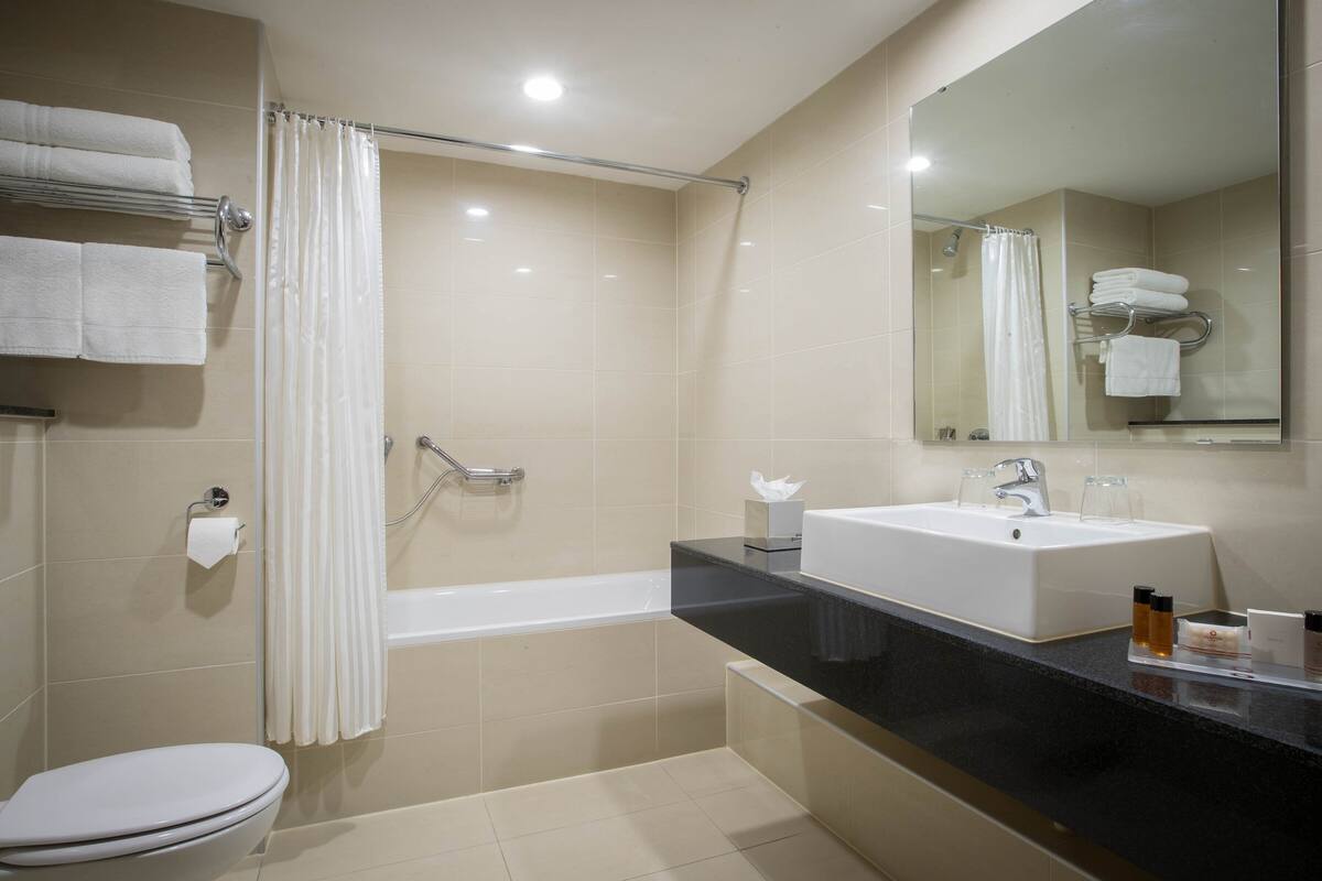 combined shower/bathtub, hair dryer, towels