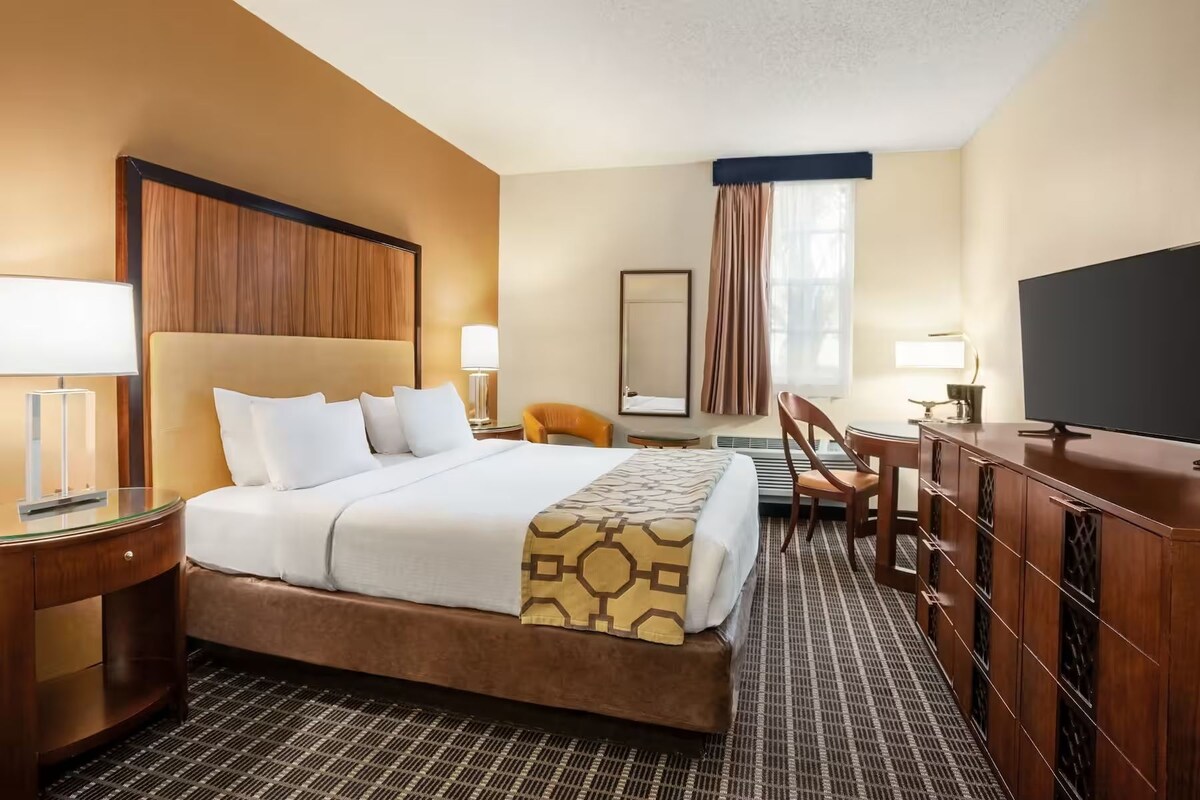 A hotel room with a bed, bedside tables, a desk, a chair, a TV, and a wardrobe.