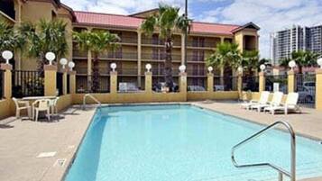 Seasonal outdoor pool, sun loungers