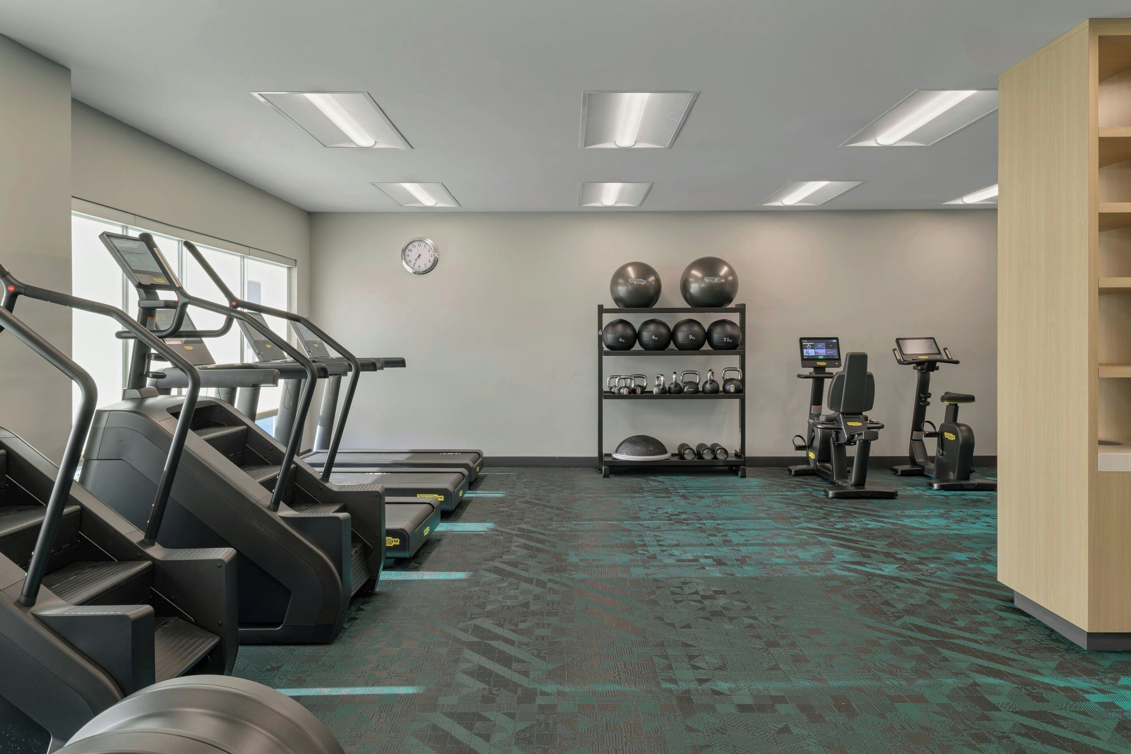 A gym with treadmills, elliptical machines, and a wall-mounted equipment rack.