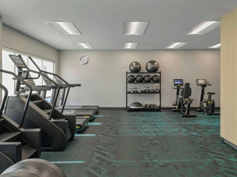 A gym with treadmills, elliptical machines, and a wall-mounted equipment rack.