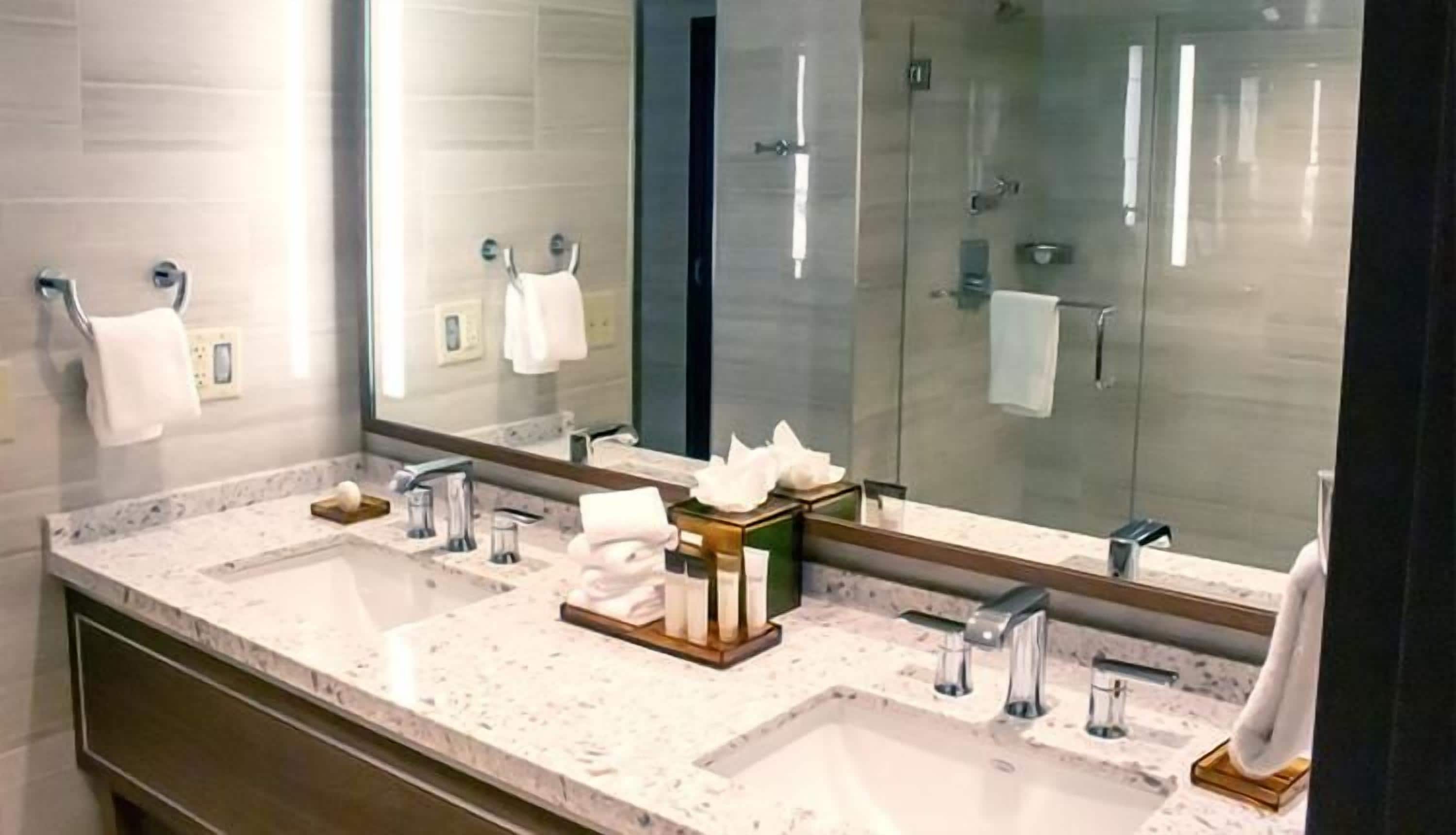 Une salle de bain avec un double vasque, un grand miroir et une douche à parois de verre.