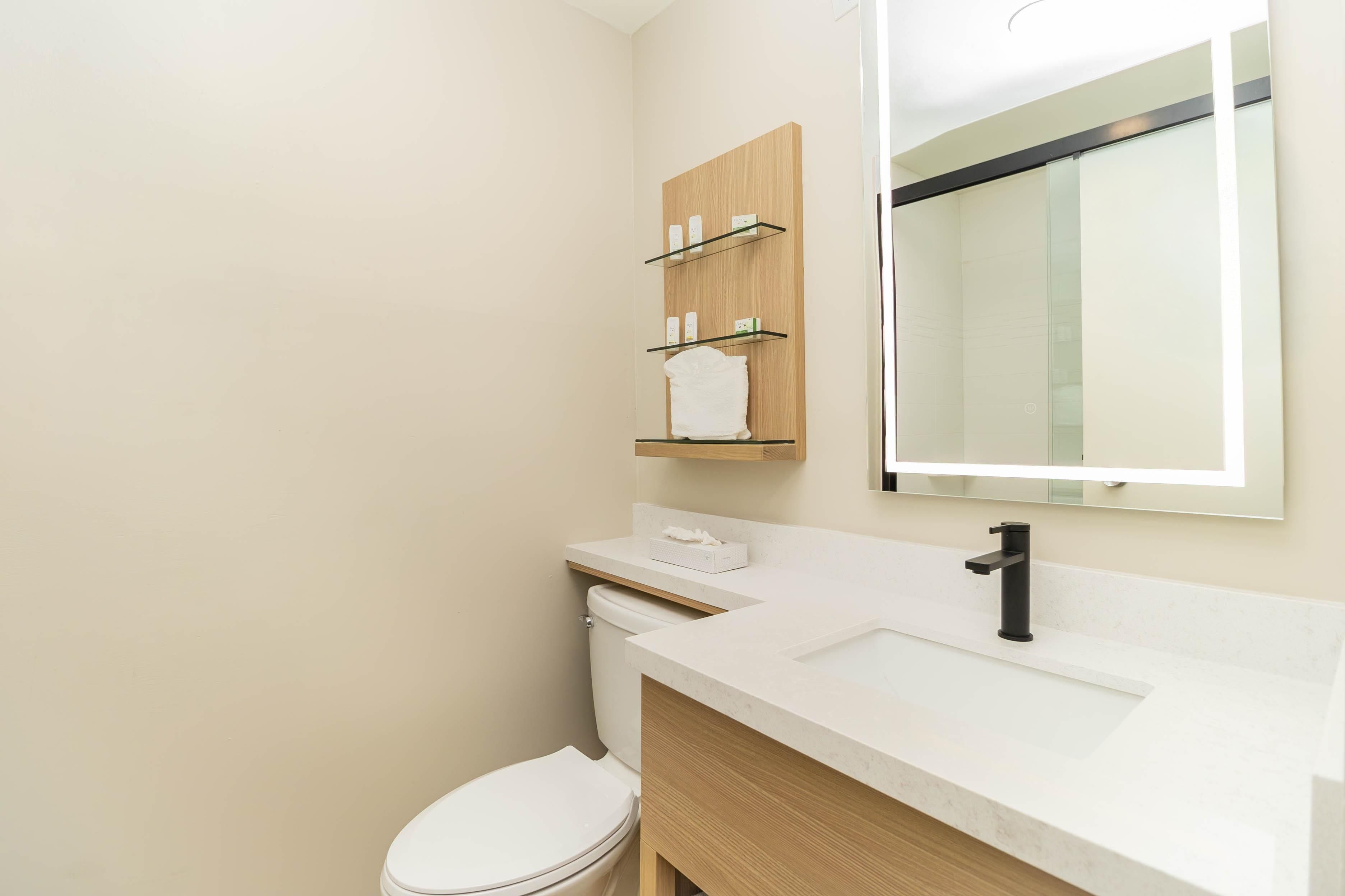 Une salle de bain moderne avec des toilettes blanches, un meuble-lavabo en bois doté d’un miroir et un lavabo blanc.