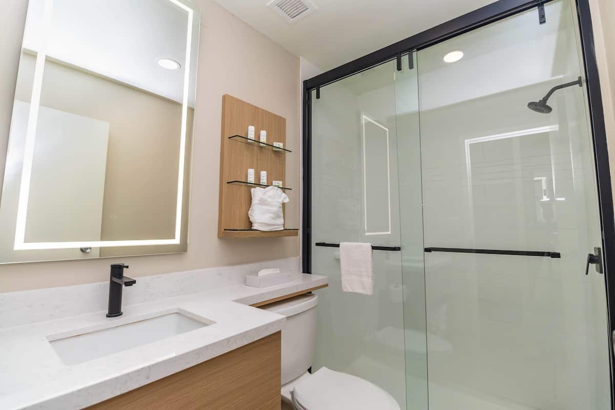 Tina con regadera, amenidades de baño gratuitas, toallas