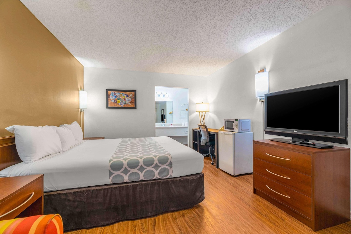 A hotel room with a bed, a desk, a television, a dresser, and a mirror.