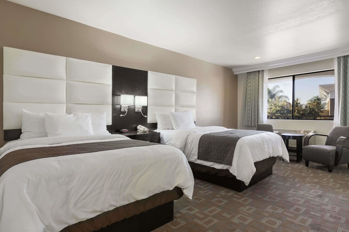 A hotel room with two beds, a large padded headboard, a small table, and a chair.