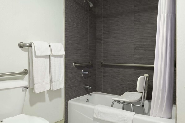 A modern bathroom with a bathtub, grab bars, a shower, and a toilet.