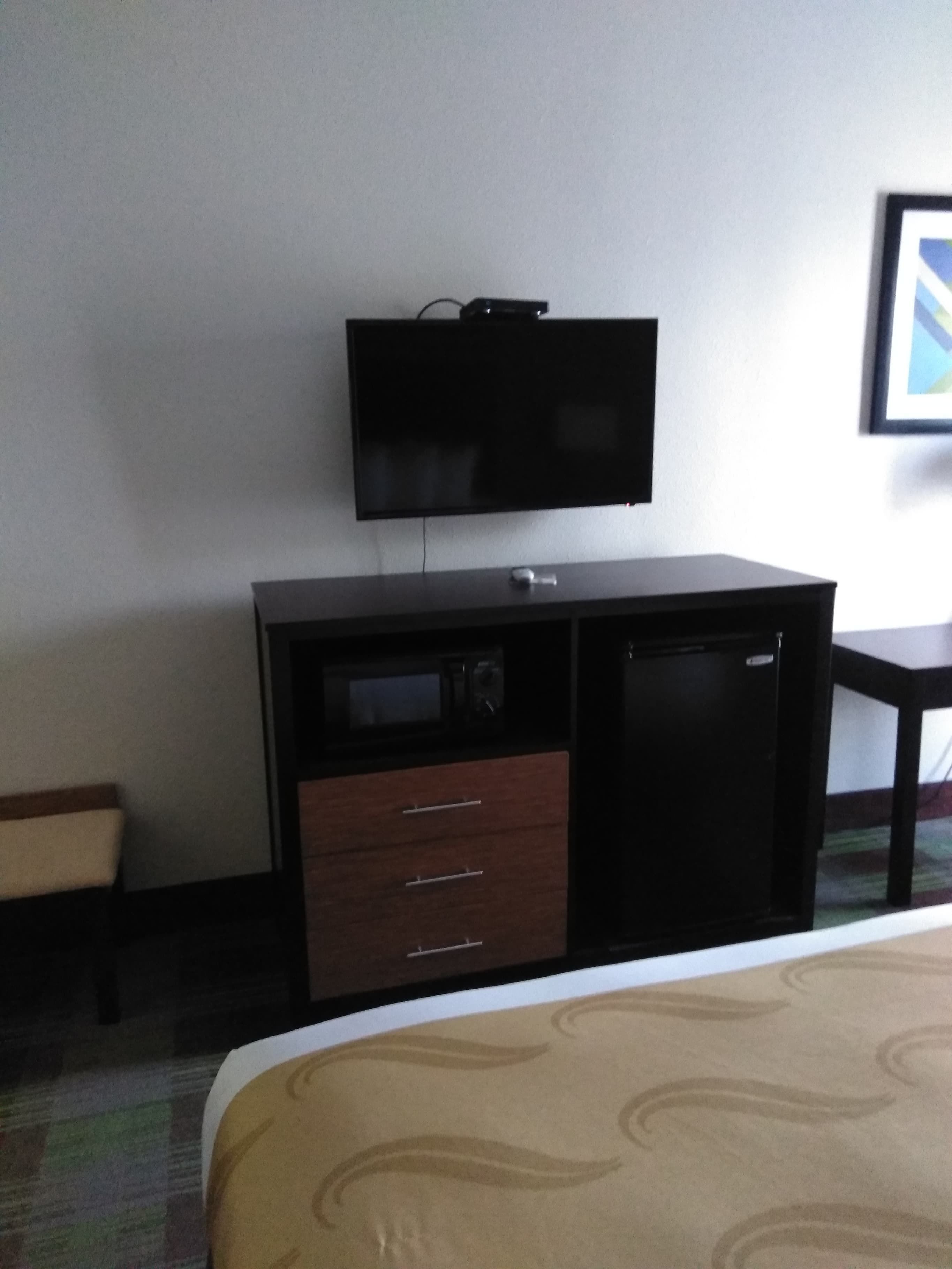 Une chambre d’hôtel équipée d’un lit, d’un bureau avec une télévision, d’un four à micro-ondes et d’un petit réfrigérateur.