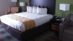 A hotel room with a large bed, a nightstand, a chair, and two lamps.