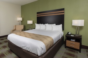 Habitación de hotel con una cama grande, dos lámparas de noche, una silla, una mesita de noche con un teléfono y una obra de arte en la pared.