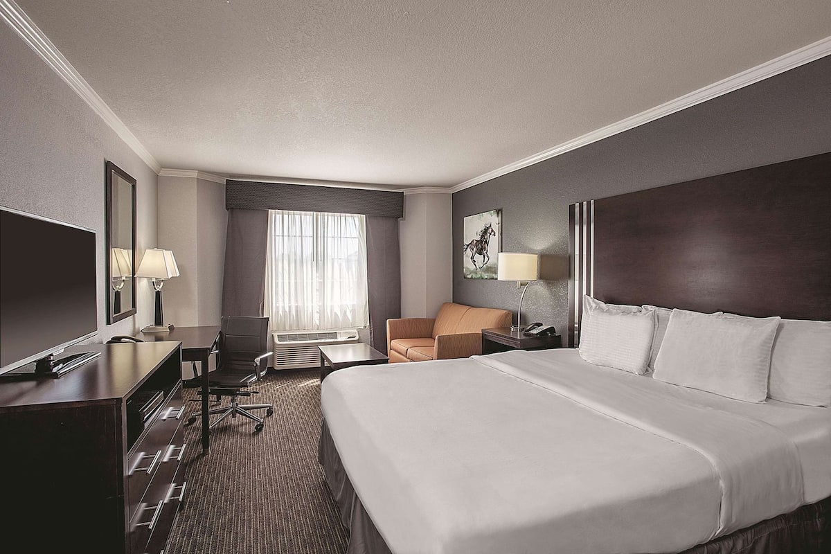 A hotel room with a large bed, a desk with a chair, a television, a window with curtains, and a painting on the wall.