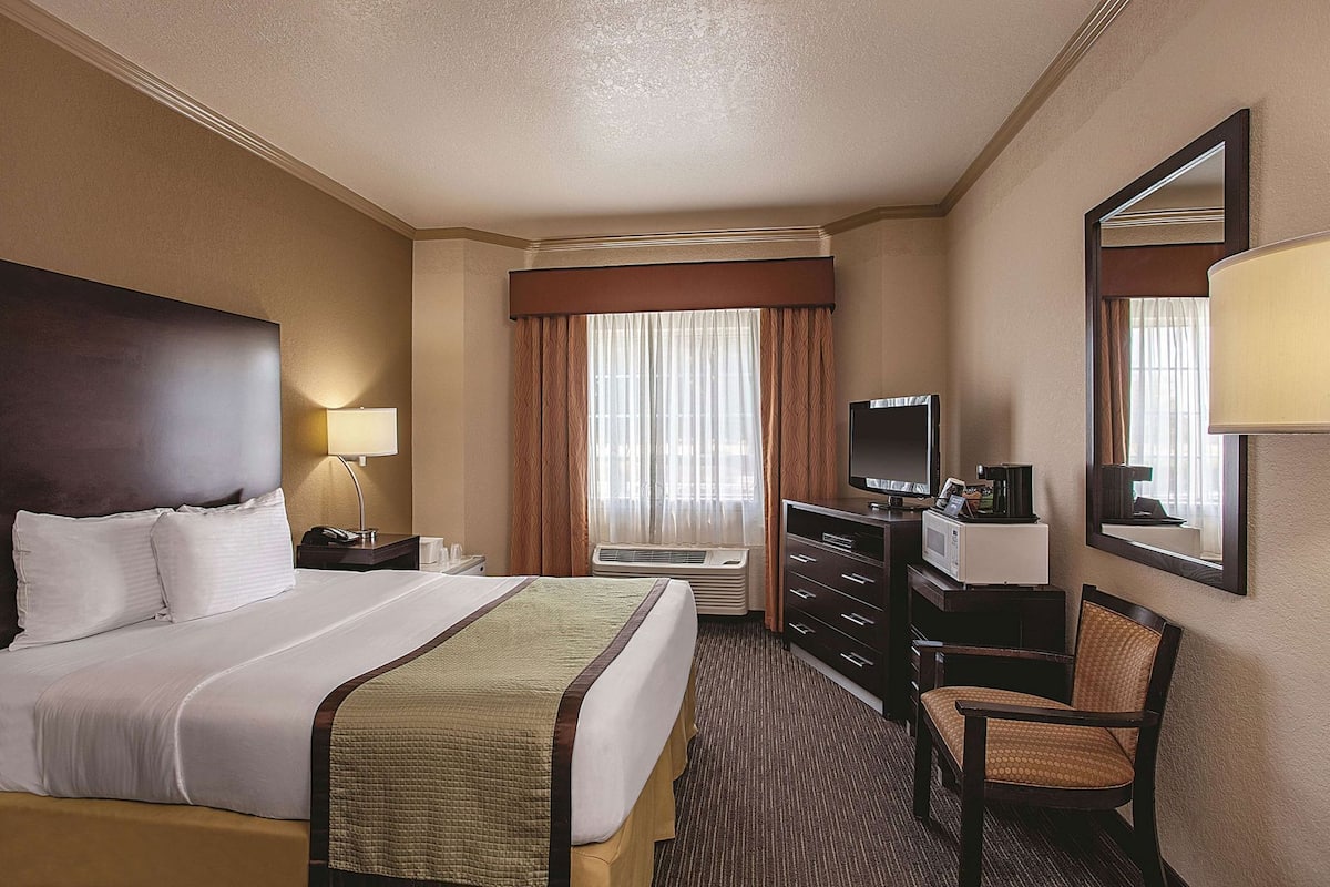 A hotel room with a bed, a desk, a television, a chair, and a mirror.