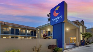 Un hôtel Comfort Inn avec une grande enseigne, de nombreux balcons et une entrée bien éclairée.
