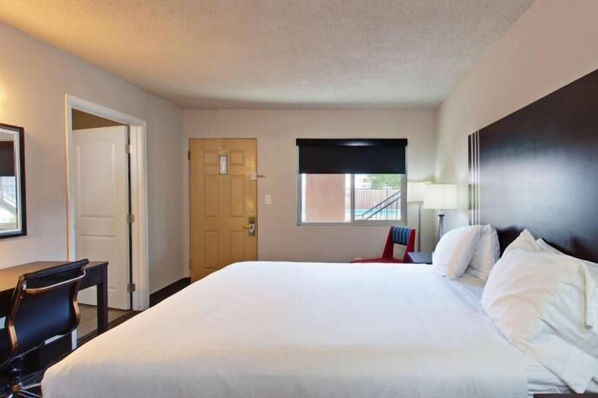 Une chambre d’hôtel avec un grand lit, un bureau, une chaise, une fenêtre donnant sur un beau paysage et une porte.