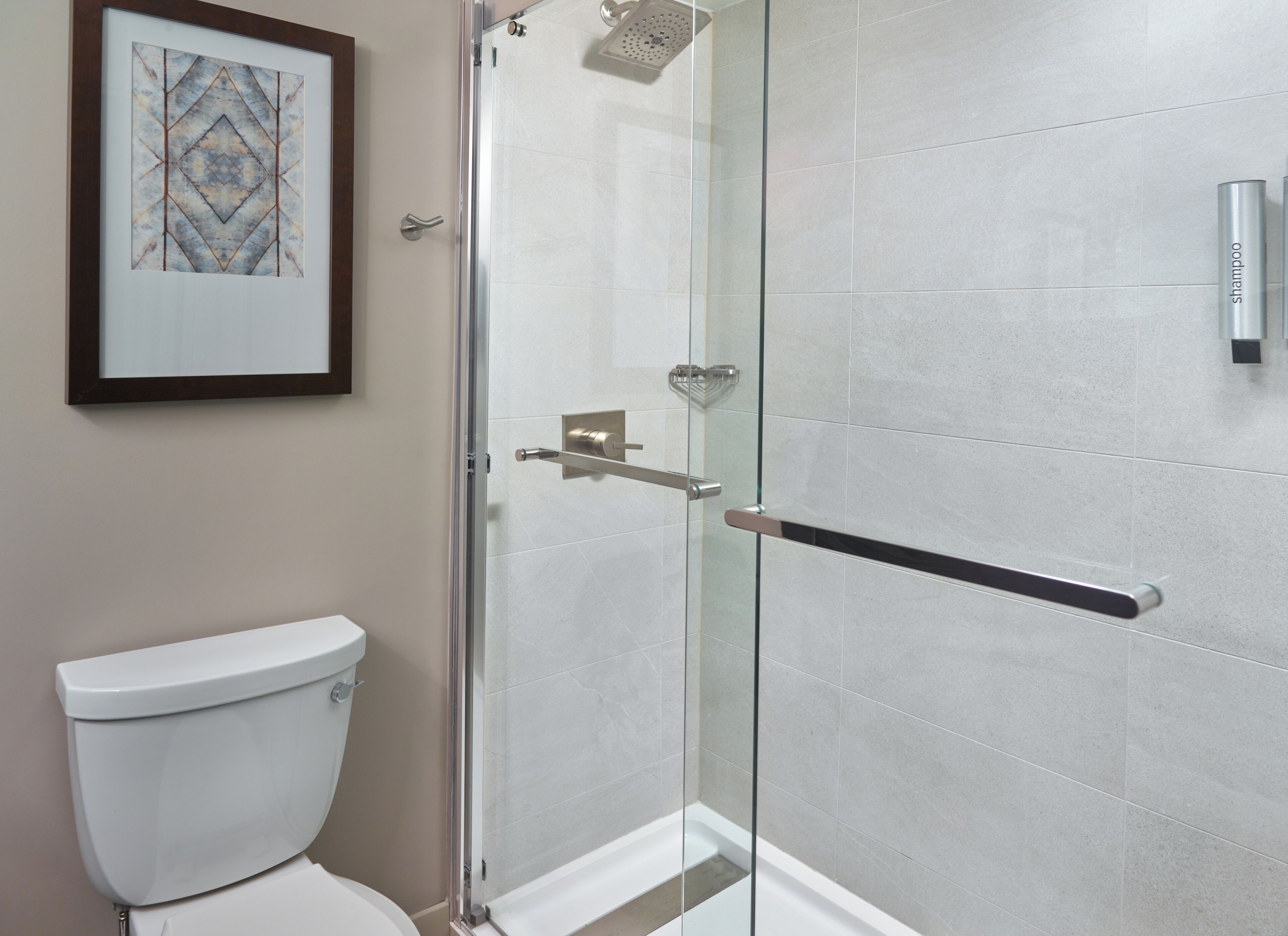 A modern bathroom with a glass shower enclosure, a toilet, and a framed artwork on the wall.