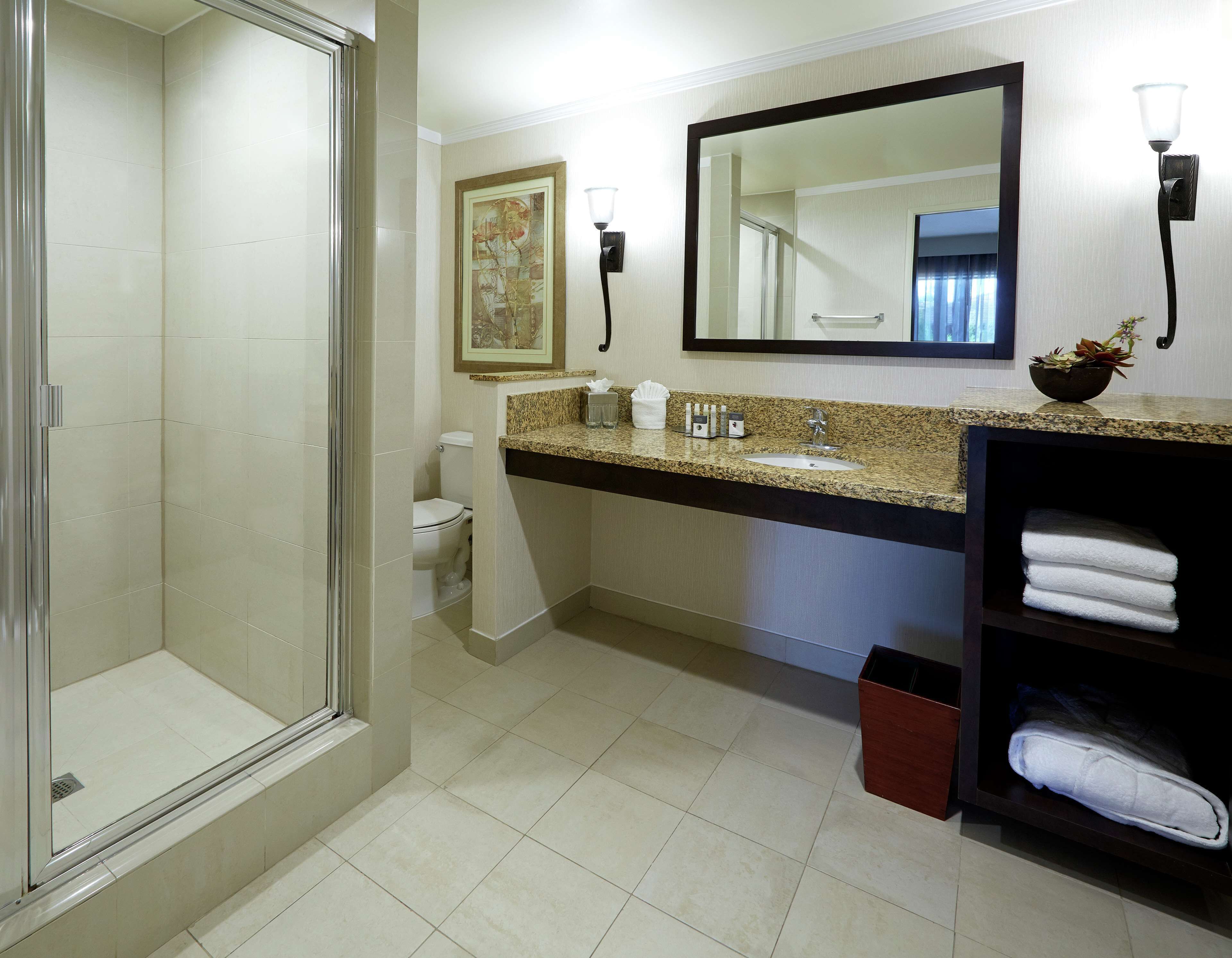 Un baño con cabina de ducha de vidrio, inodoro, lavamanos con encimera de granito, espejo grande y estante con toallas.
