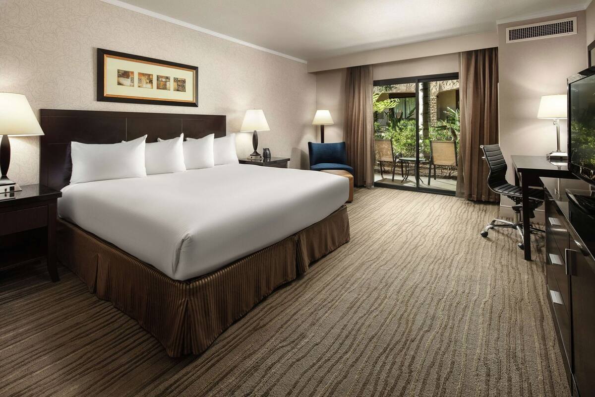 A hotel room with a large bed, two bedside tables with lamps, a desk with a chair, a television, and a view of greenery through the window.