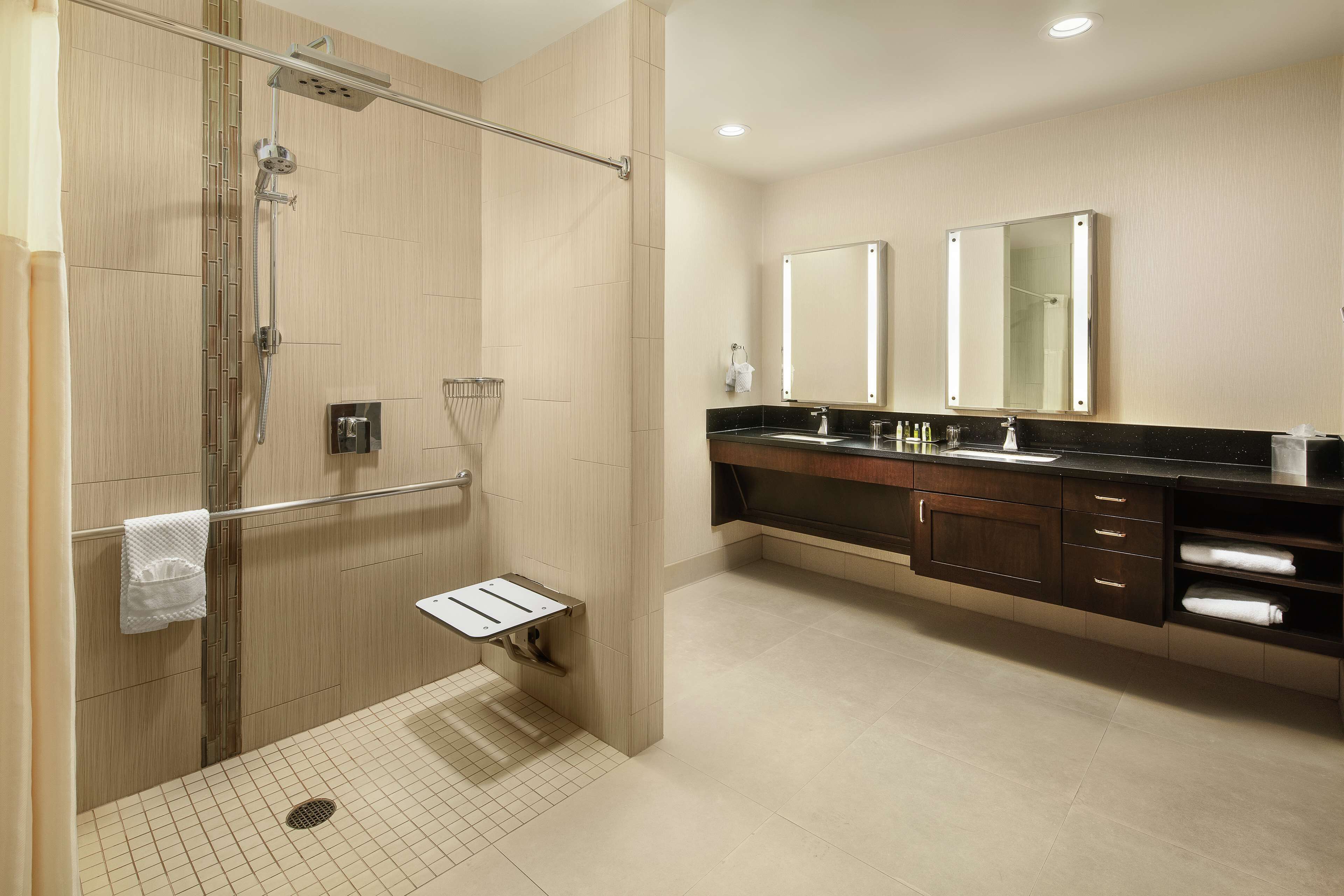 A modern bathroom with a walk-in shower, a vanity with a mirror, and a toilet.