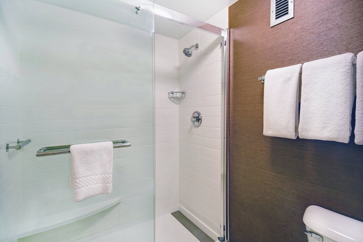Combined shower/tub, hair dryer, towels
