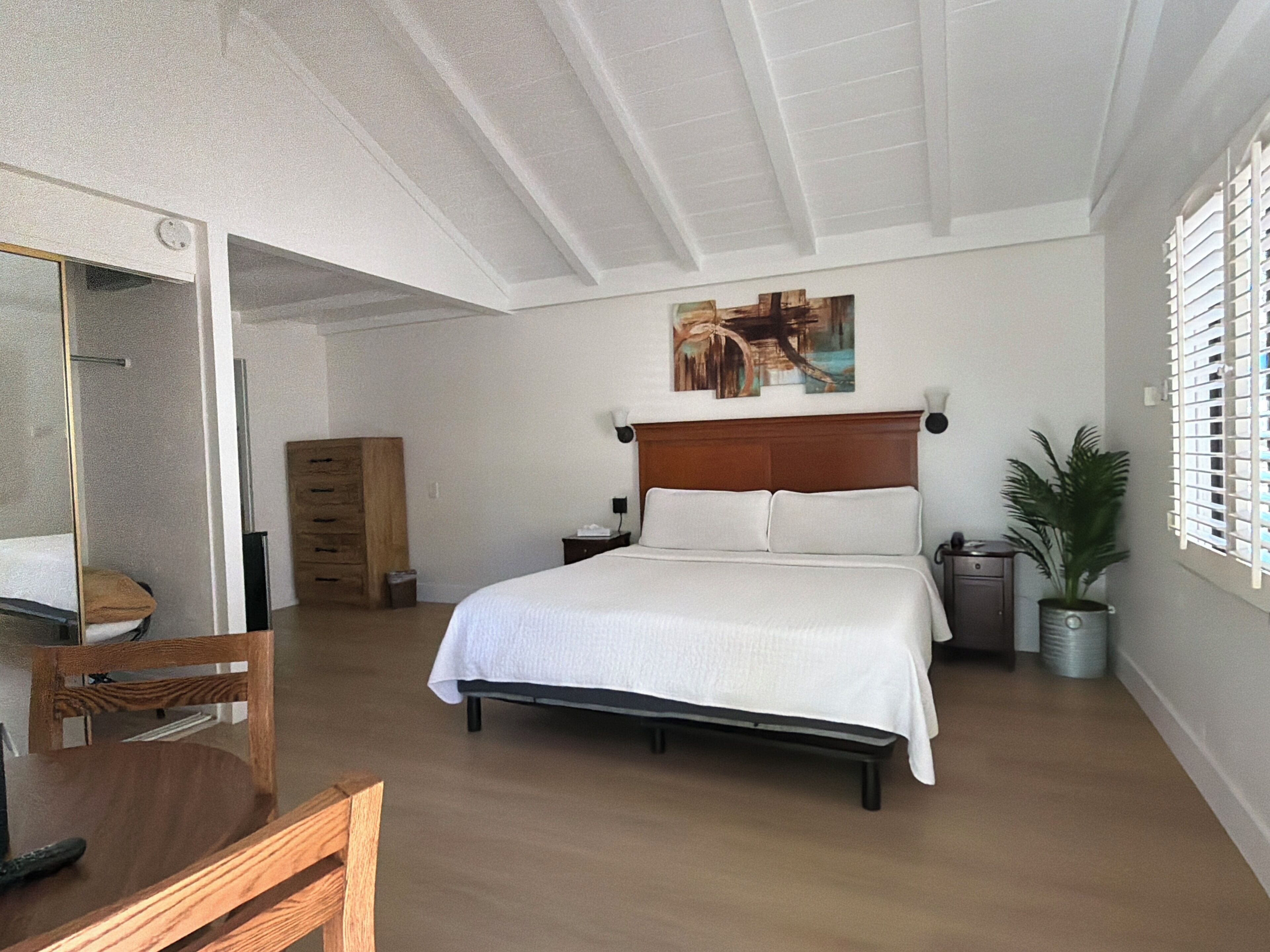 Un dormitorio con cama, cómoda de madera, silla, escritorio, un cuadro en la pared y una planta en maceta.