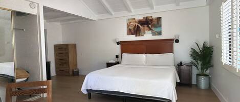 Un dormitorio con cama, cómoda de madera, silla, escritorio, un cuadro en la pared y una planta en maceta.