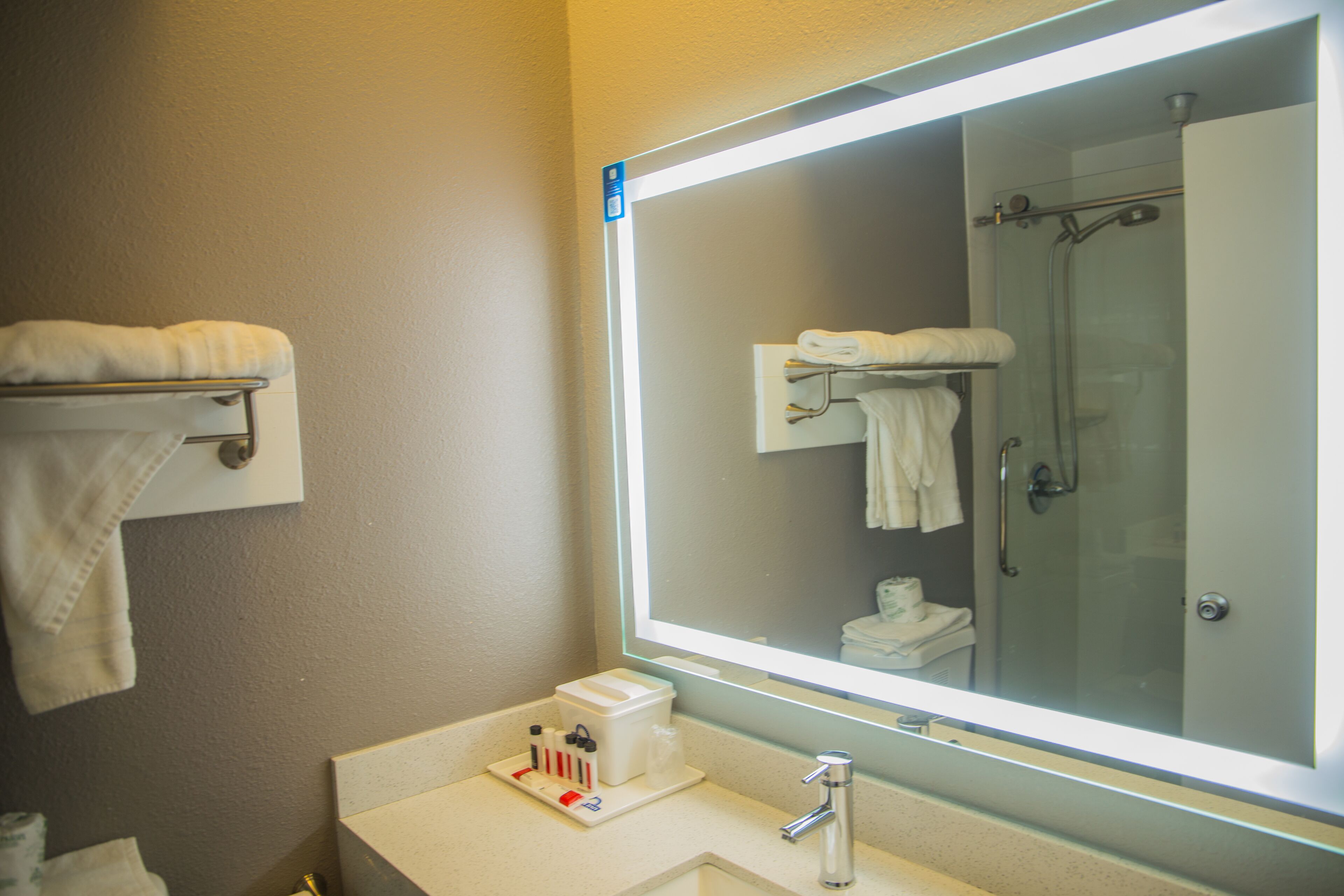 A bathroom with a large mirror, a sink, and a towel rack.