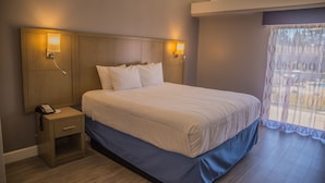 A hotel room with a large bed, bedside lamps, a nightstand with a phone, and a window with curtains.