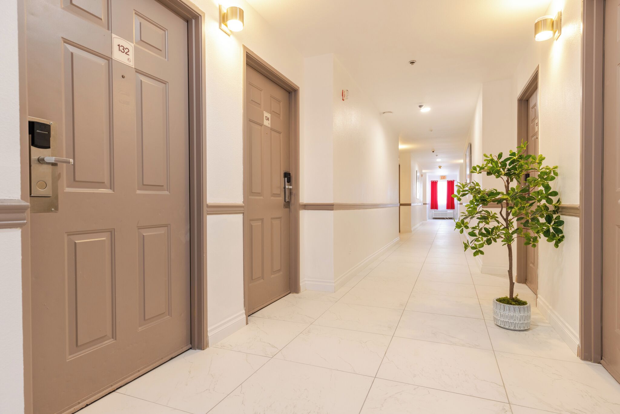 A hotel hallway with two doors, a potted plant, and a red sign in the distance.