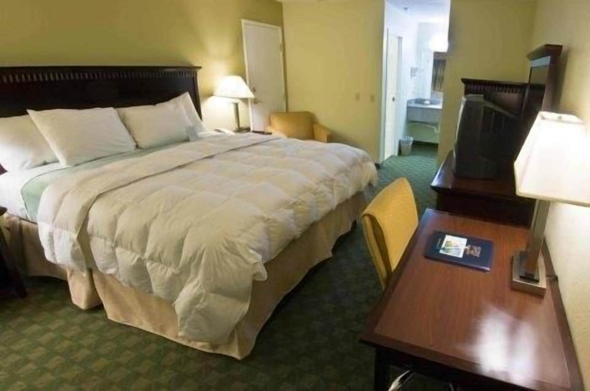 Una habitación de hotel con cama, escritorio, silla, lámpara y televisor.