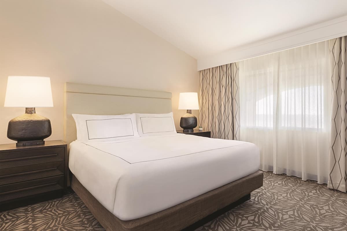 A hotel room with a large bed, two bedside tables with lamps, a patterned carpet, and sheer curtains.