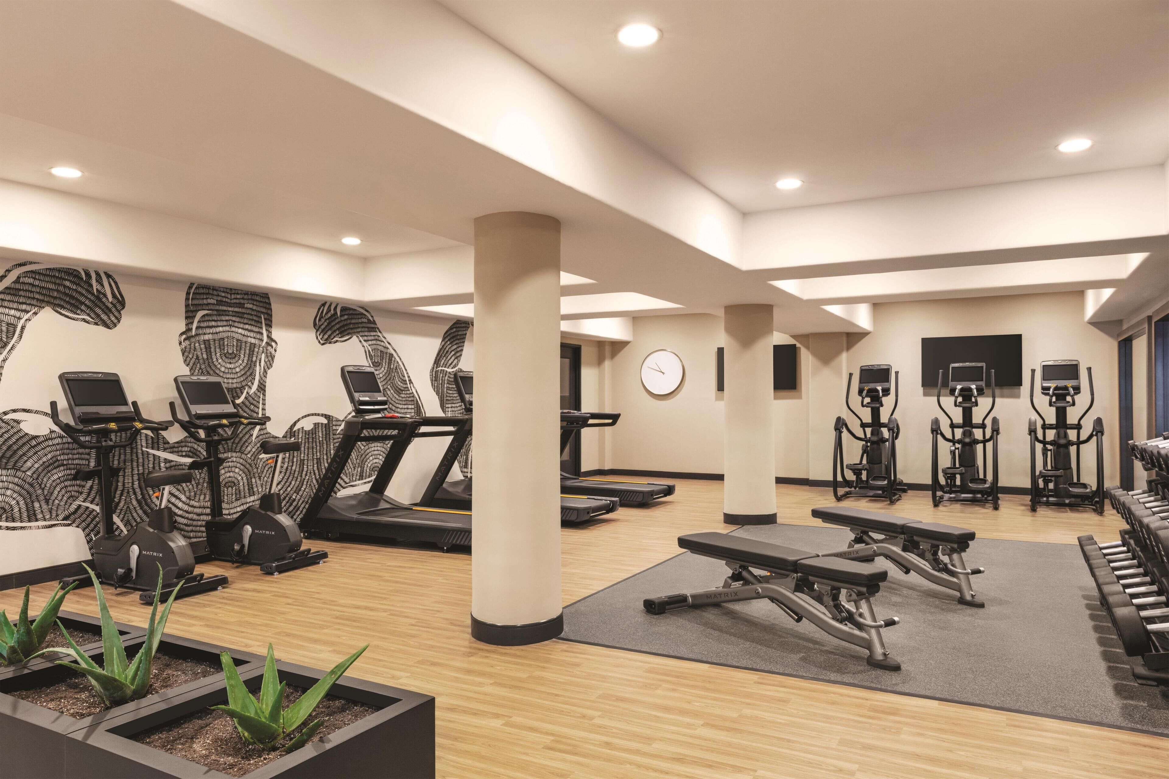 Un gimnasio moderno con cintas de correr, elípticas y bancos.
