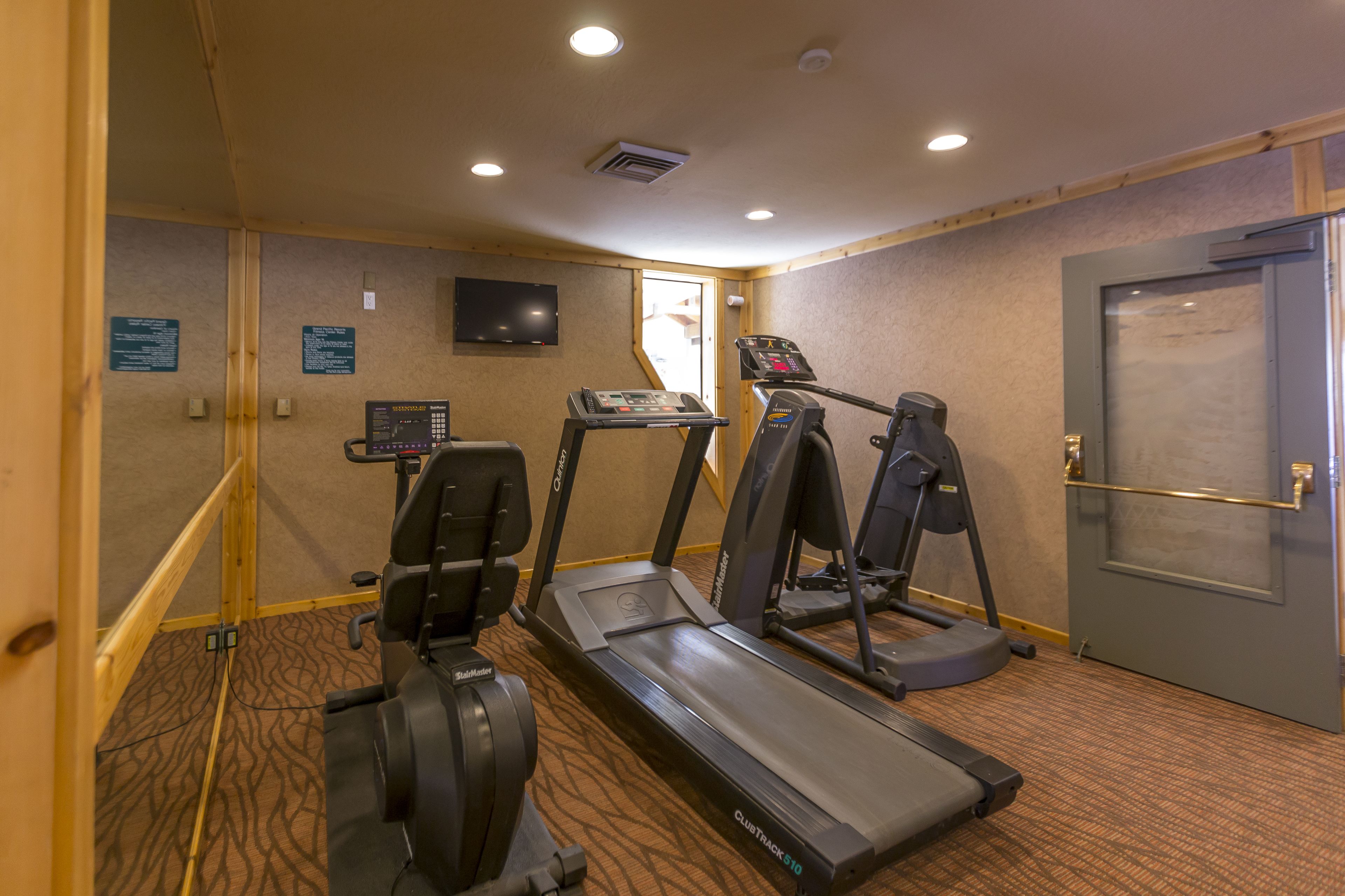 Une salle de sport équipée de tapis de course, d’un vélo d’appartement et d’une machine de musculation.