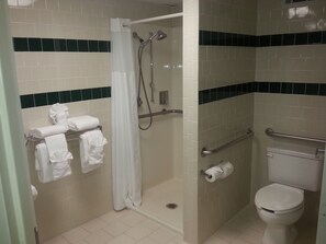 Combined shower/tub, free toiletries, hair dryer, towels