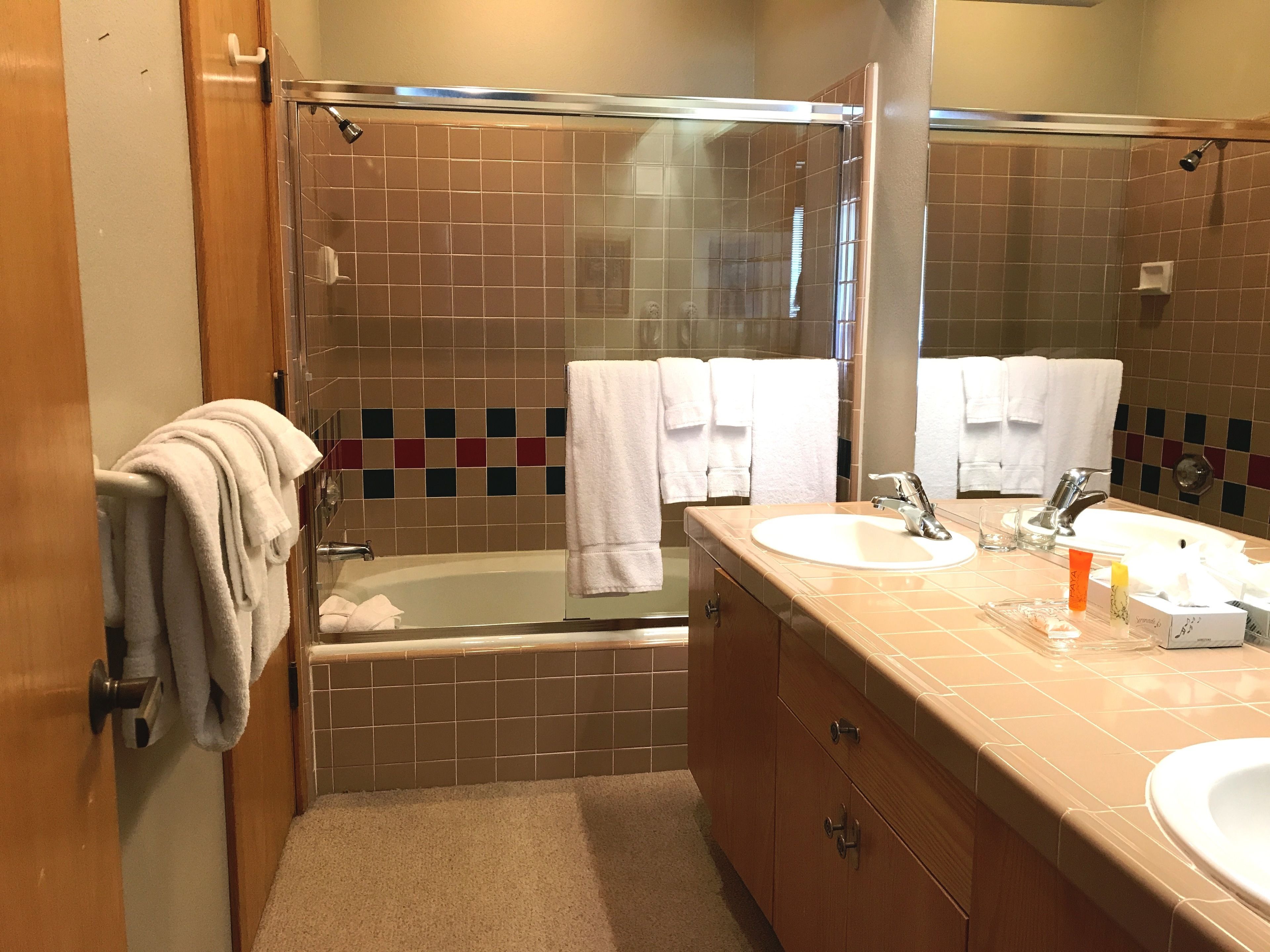 combined shower/bathtub, free toiletries, hair dryer, towels