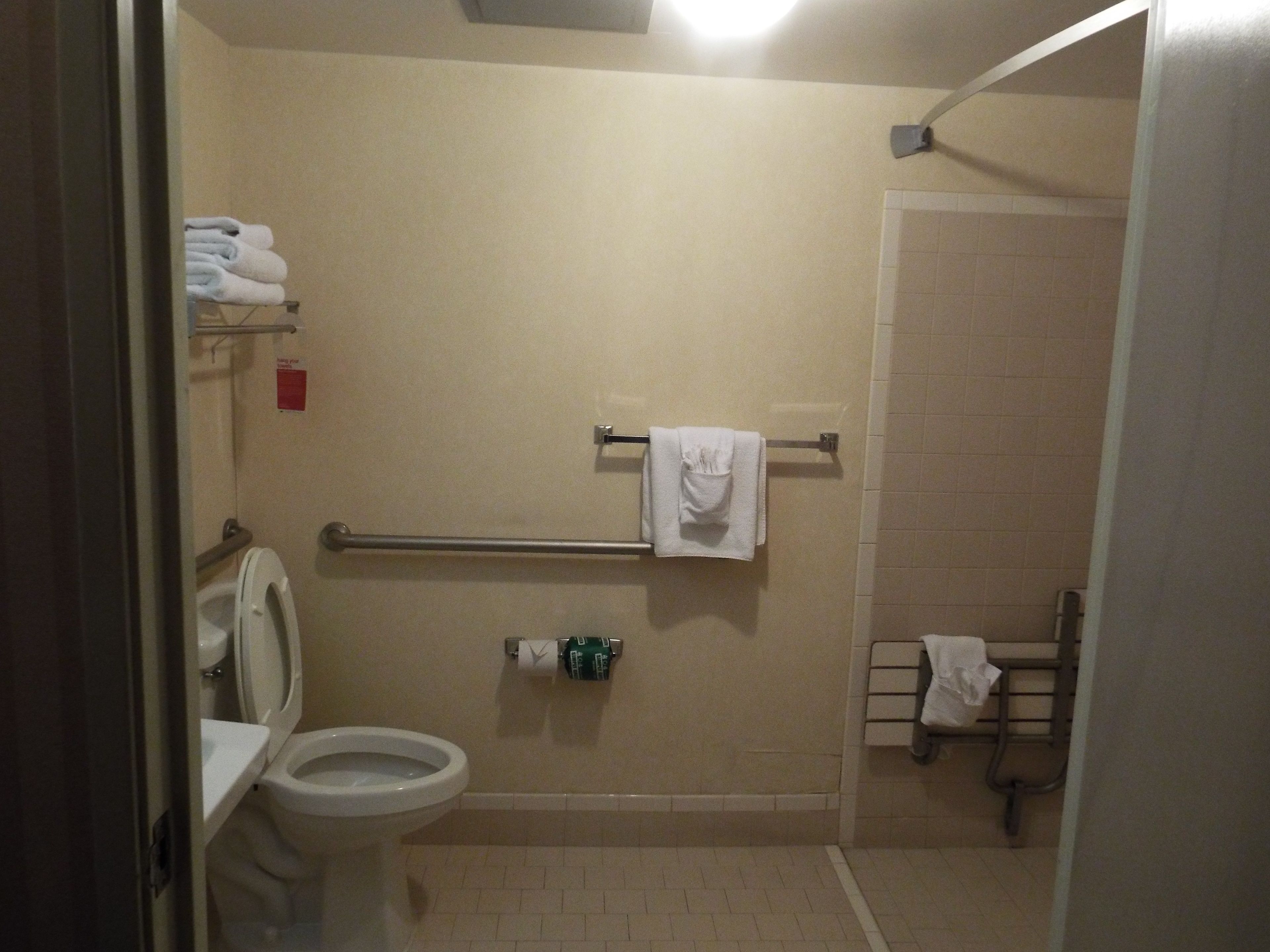 Et lille badeværelse med toilet, håndklædestativ og bruseniche.