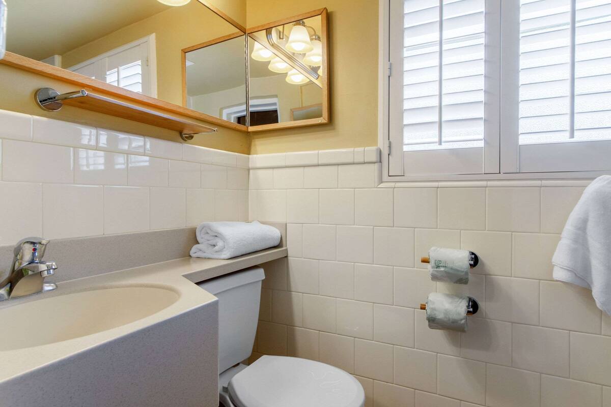 A bathroom with a sink, toilet, and towel rack.