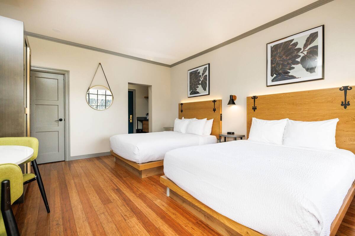 Premium bedding, pillowtop beds, desk, blackout drapes