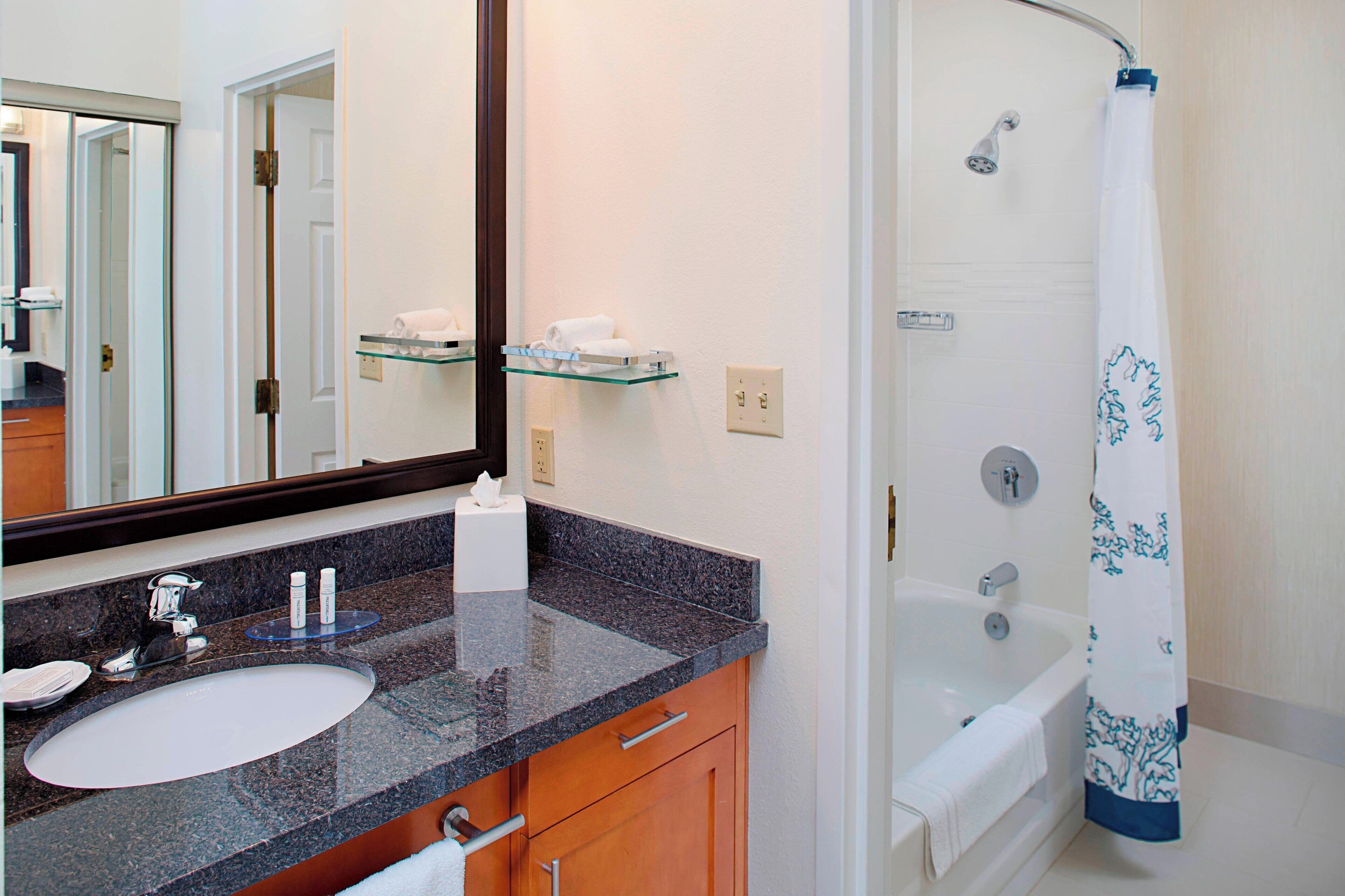 combined shower/bathtub, free toiletries, hair dryer, towels