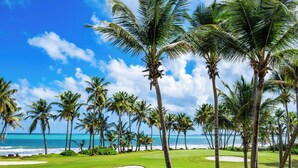 A golf course with a clear view of the ocean and palm trees. - Wyndham Grand Rio Mar Rainforest Beach and Golf Resort (Río Grande)