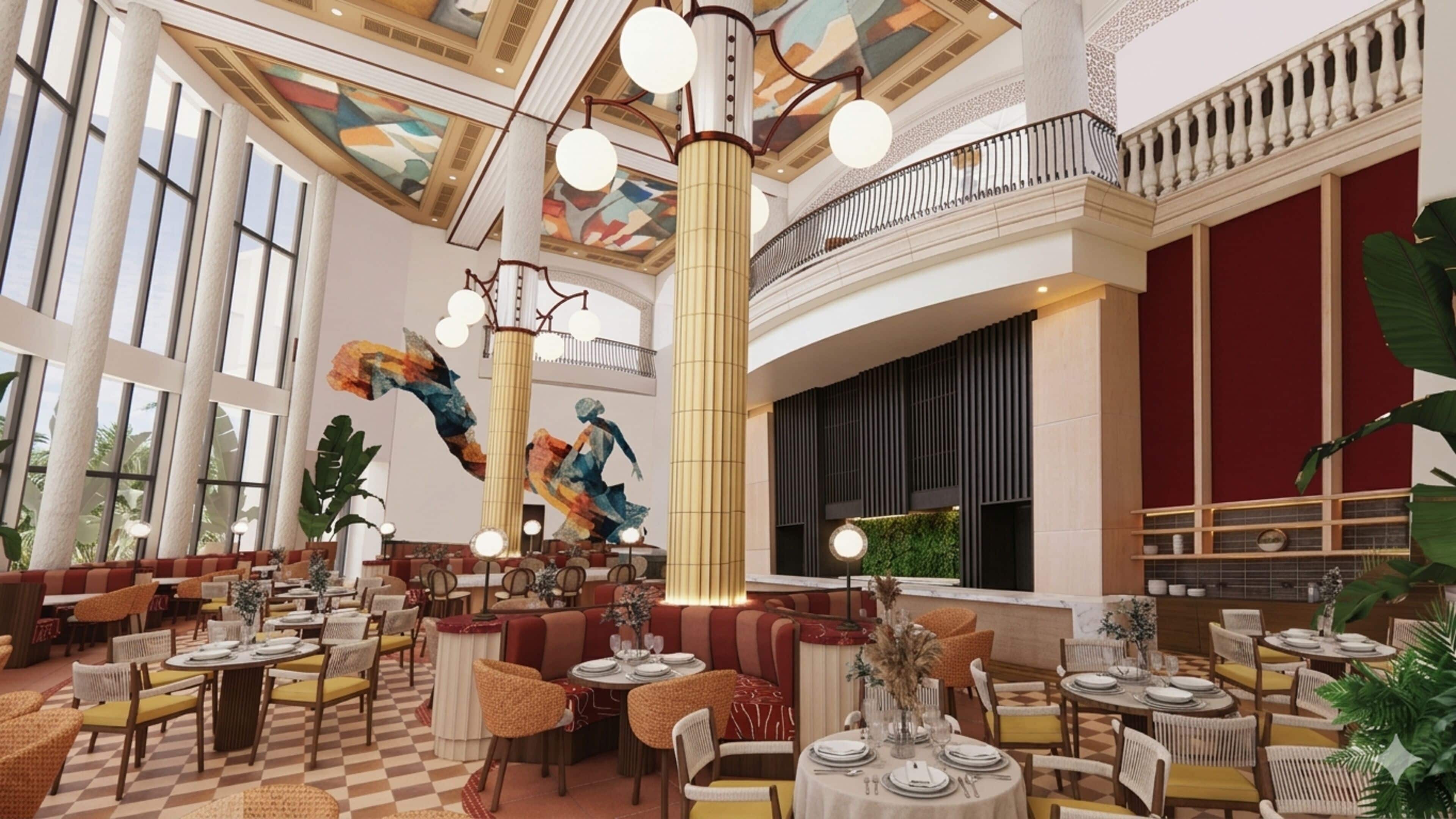 A spacious hotel lobby with high ceilings, large windows, and a central column.