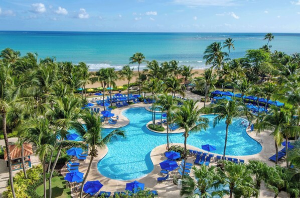 4 outdoor pools, open 8:00 AM to 8:00 PM, cabanas (surcharge)