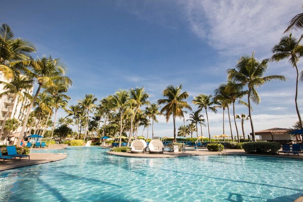 4 outdoor pools, open 8:00 AM to 10:00 PM, pool cabanas (surcharge)