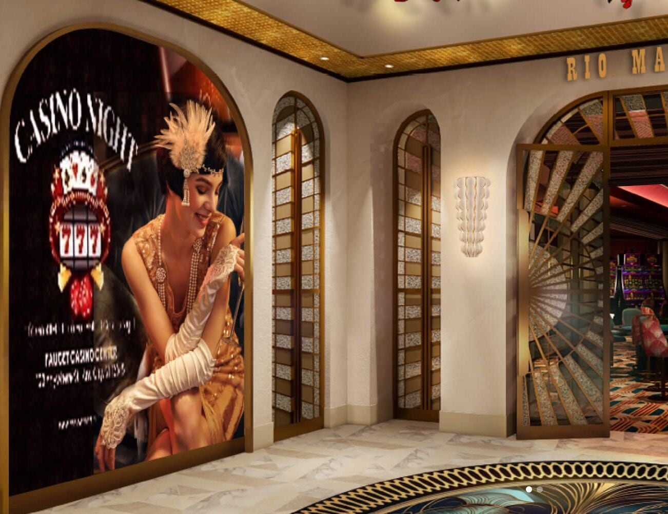 A luxurious interior with arched doorways, a large advertisement for Casino Night, and a visible entrance to a bar area.