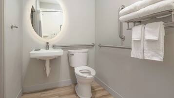 A bathroom with a toilet, sink, and handrails.