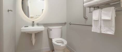 A bathroom with a toilet, sink, and handrails.
