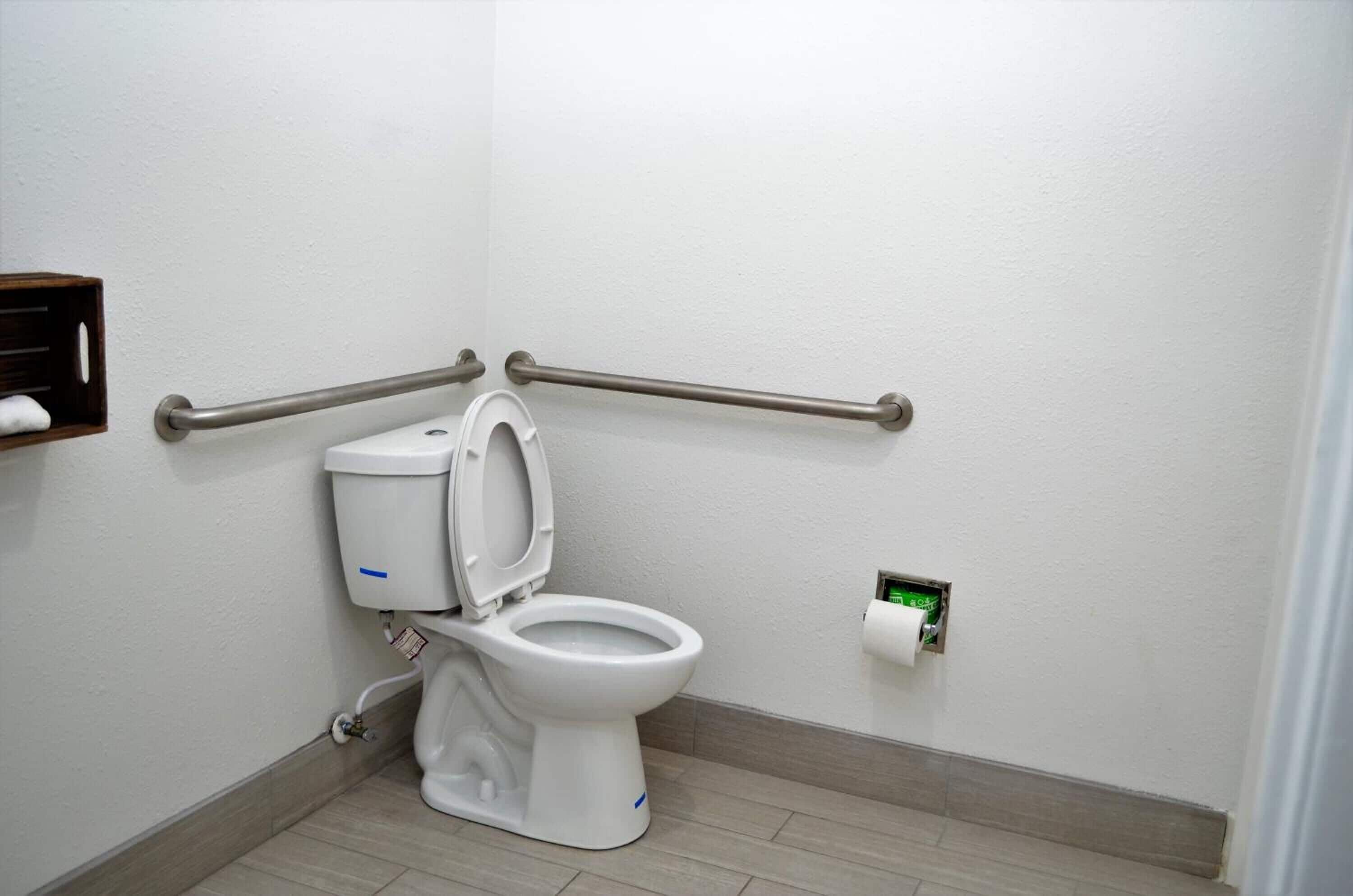A standard white toilet with a bidet attachment, a handrail for accessibility, and a paper towel dispenser.