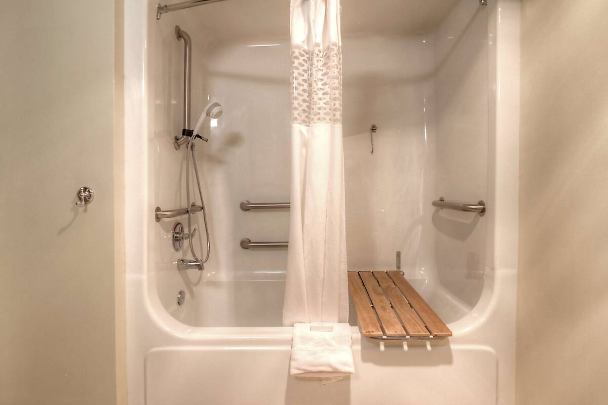 shower, free toiletries, hair dryer, towels