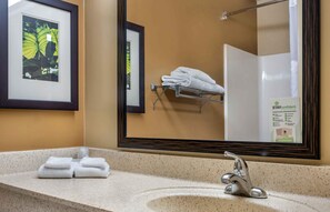 Enjoy a refreshing bathroom experience with a large mirror, framed artwork, and a towel rack.